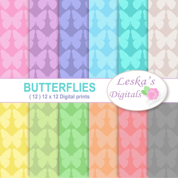 Butterfly digital papers, Pastel butterflies background, 12 x 12 pastel digital paper in butterfly pattern, butterfly paper for scrapbooking