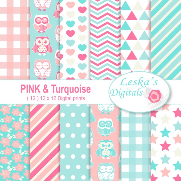 Pink turquoise digital paper "PINK & TURQUOISE" pattern backgrounds of owls stripes polka dots gingham chevron stars flowers and triangles