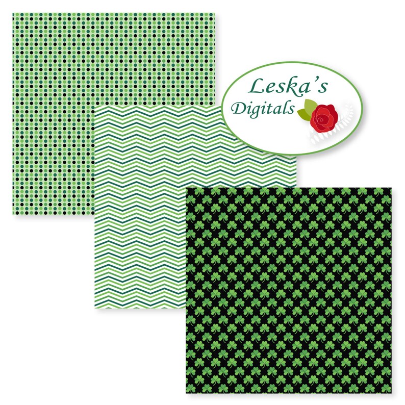 May include: Three digital paper designs featuring green shamrocks, green and blue chevron stripes, and green and black polka dots. The designs are labeled "Leska's Digitals".
