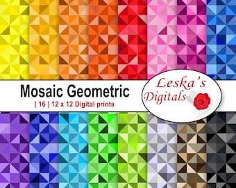 COLORFUL MOSAIC GEOMETRIC Digital Paper, Mosaic triangle background, Mosaic scrapbook paper in rainbow colors