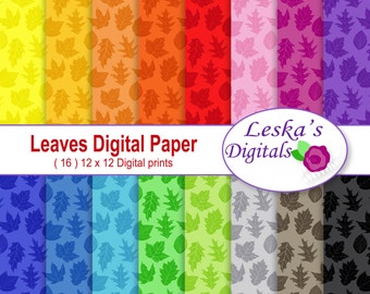 Leaves Digital Scrapbook Paper Pack in rainbow colors for autumn and fall projects - Fall Scrapbook Paper