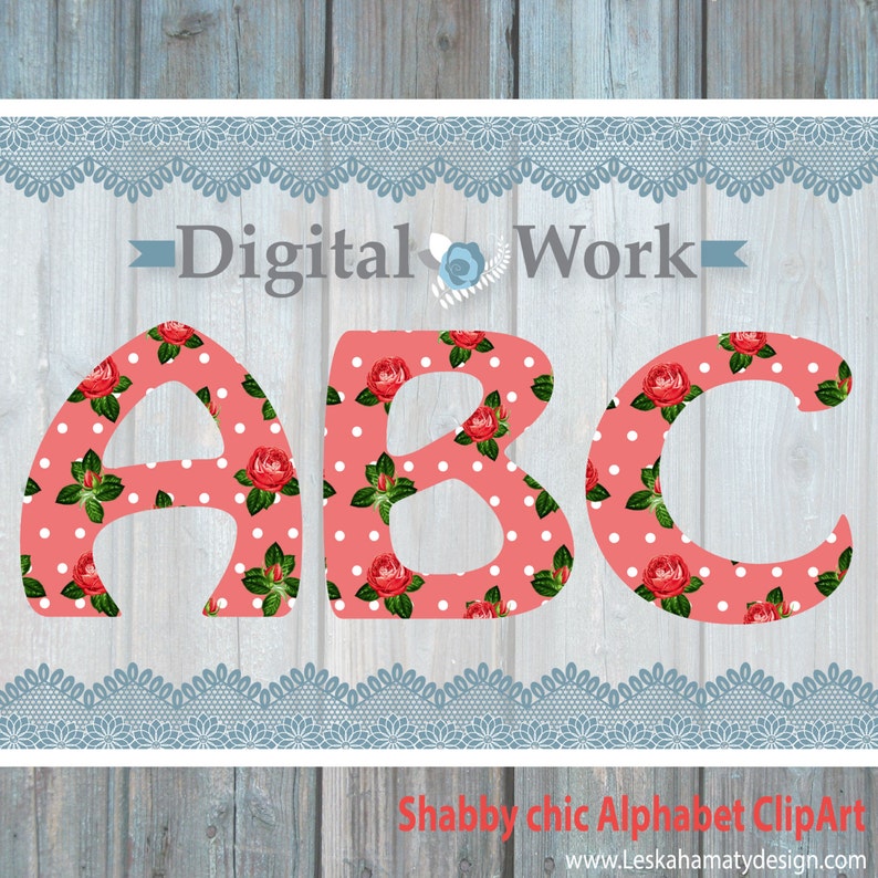 Floral shabby chic alphabet, floral font, digital alphabet, floral letters, flower font, floral clipart alphabet, flower clip art, letters image 1