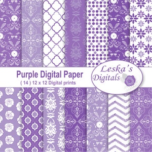 Purple digital paper: &quot;Purple Damask&quot; background paper, scrapbooking paper, purple digital paper pack damask patterns, purple paper pack