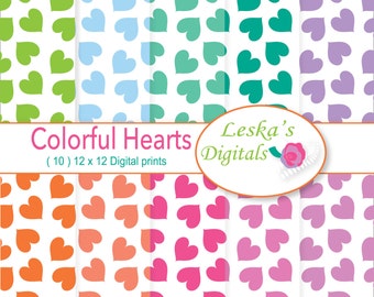 Rainbow heart digital paper, Hearts pattern backgrounds, Rainbow hearts scrapbook paper, colorful hearts scrapbook patterns