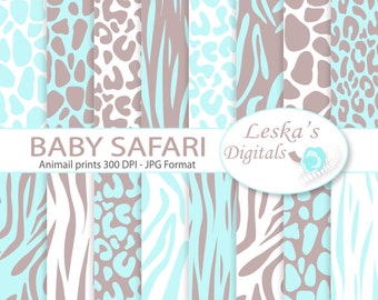 Baby Safari, Animal prints, Safari Digital Paper, Animal patterns, Animal skin, tiger print, cheetah print, giraffe print, baby blue safari