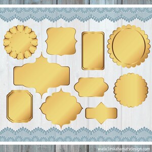 May include: A set of ten gold-colored frames with different shapes and sizes. The frames are on a white wooden background with a blue lace trim.