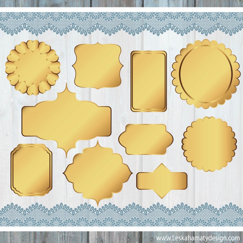 May include: A set of ten gold-colored frames with different shapes and sizes. The frames are on a white wooden background with a blue lace trim.