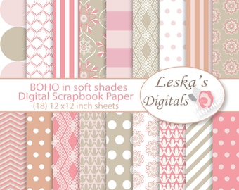 Scrapbook digital paper - BOHO backgrounds in soft pink and beige - Digital paper backgrounds for print and digital use - commercial use