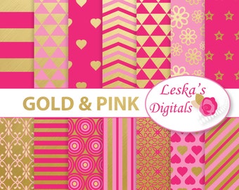 May include: A set of 12 digital papers featuring gold and pink patterns. The patterns include stripes, hearts, stars, flowers, circles, and geometric shapes. The text "Leska's Digitals" is included in the image.