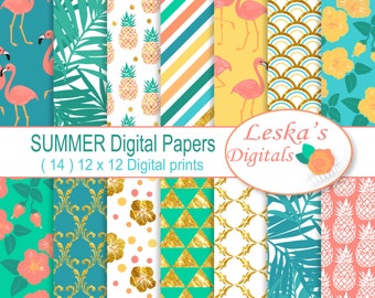 Summer Digital Papers "SUMMER" Scrapbook paper pack of flamingos, pineapples, hibiscus flower, palms and gold patterns - Tropical flowers