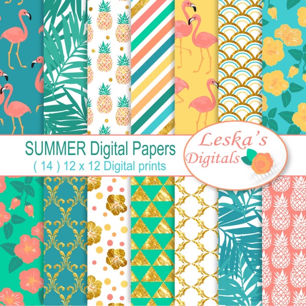 Summer Digital Papers "SUMMER" Scrapbook paper pack of flamingos, pineapples, hibiscus flower, palms and gold patterns - Tropical flowers