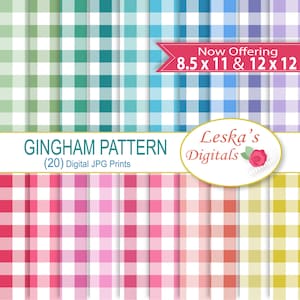 May include: Twenty digital gingham patterns in various colors, including green, blue, pink, red, and yellow. The patterns are in a checkered design with white squares. The text "Now Offering 8.5 x 11 & 12 x 12" and "Leska's Digitals" is also included in the image.