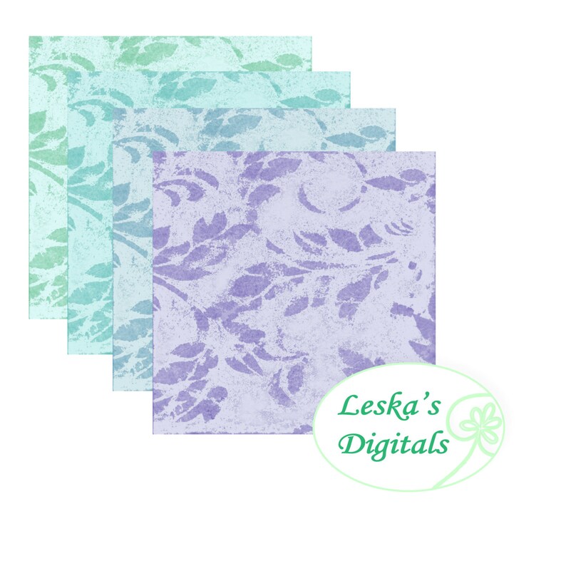 May include: A set of five digital paper sheets with a light blue to purple gradient and a white floral pattern. The papers are designed for scrapbooking, card making, and other crafting projects.