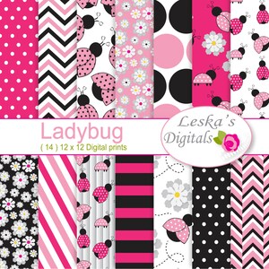 Pink ladybug digital papers, scrapbook paper for commercial use, pink white and black patterned paper, ladybug background