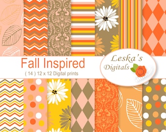 Paquete de papel digital de otoño: papeles digitales de margarita de otoño naranja, marrón, papel patrón de melocotón para scrapbooking, scrapbooking digital
