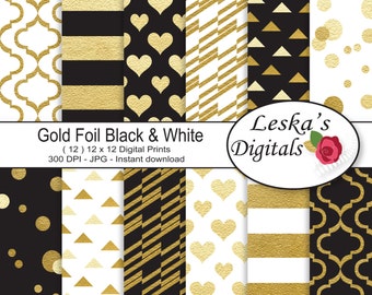 Digitalt papper med guldfolie - Digitalt papper med svart och guldfolie - Bakgrundsmönster med guldfolie - Digitalt papper med metallic guldfolie