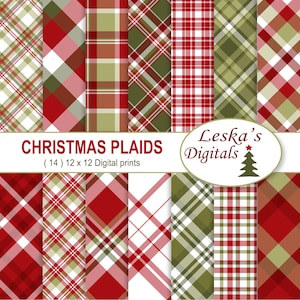 Pacote de papel digital de xadrez de Natal, papéis de scrapbook digital de Natal, papel de scrapbook, álbum de recortes de Natal, Natal para impressão, feriado
