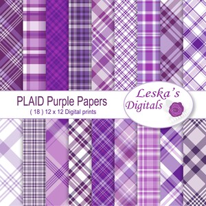 Puede incluir: Un conjunto de 18 papeles digitales con patrones de cuadros morados. Los papeles miden 30,5 cm por 30,5 cm y son perfectos para scrapbooking, creación de tarjetas y otros proyectos de manualidades. El texto "PLAID Purple Papers (18) 12 x 12 Digital prints" y "Leska's Digitals" está incluido en la imagen.