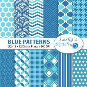 Blue Digital Paper Pack, &quot;Blue Patterns&quot; Chevron Digital, polkadots, stripe, damask, honeycomb, gingham, houndstooth patterned paper