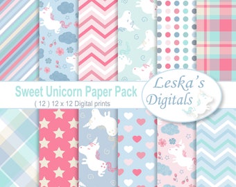 Unicorn Digital Paper, Sweet Unicorn Digital Paper, Unicorn backgrounds, Unicorn digital scrapbook paper, Unicorn patterns, nursery papers