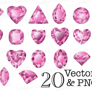 May include: Twenty pink gemstone illustrations in various shapes, including hearts, diamonds, ovals, and rounds. The illustrations are in a vector format and are available as PNG files.