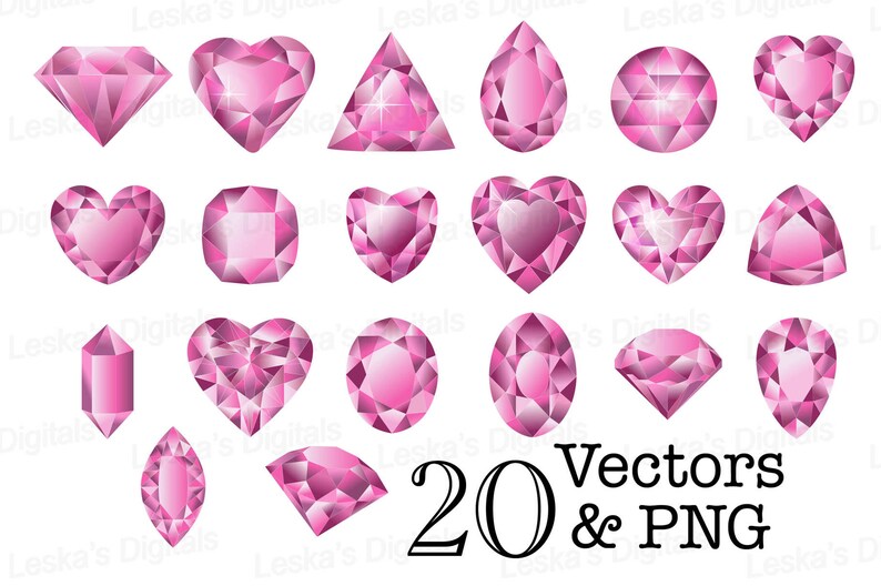 May include: Twenty pink gemstone illustrations in various shapes, including hearts, diamonds, ovals, and rounds. The illustrations are in a vector format and are available as PNG files.