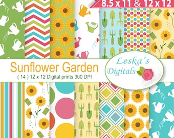 Spring digital paper: "Garden Scrapbook Paper" sunflower background, garden pattern paper, flower digital paper patterns, spring backgrounds