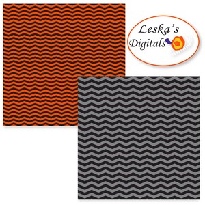 May include: Two digital paper patterns with a chevron design. One pattern is orange and black, and the other is gray and black. The text "Leska's Digitals" is in a white circle with a yellow flower.