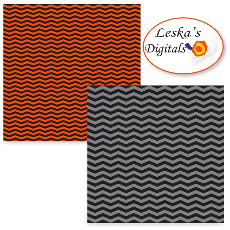 May include: Two digital paper patterns with a chevron design. One pattern is orange and black, and the other is gray and black. The text "Leska's Digitals" is in a white circle with a yellow flower.