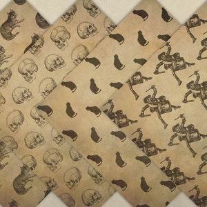 May include: Three vintage style patterned papers with different designs. One paper features a repeating pattern of skulls, another features a repeating pattern of cats, and the third features a repeating pattern of a skeleton playing a drum.