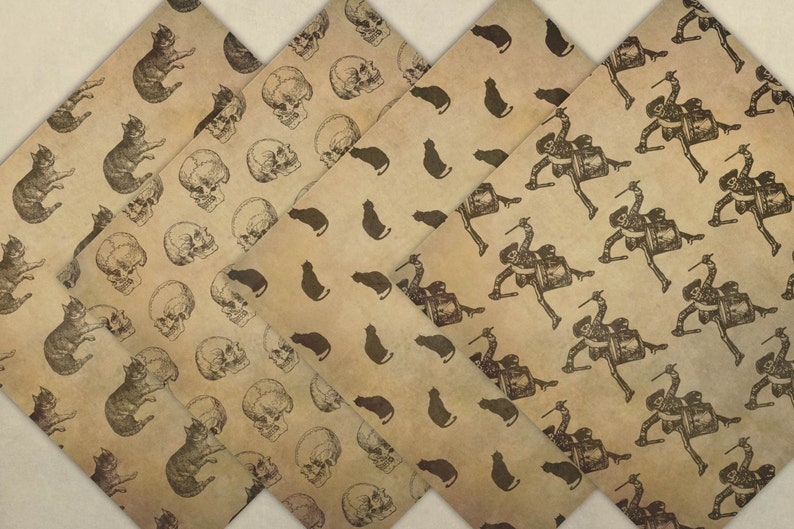 May include: Three vintage style patterned papers with different designs. One paper features a repeating pattern of skulls, another features a repeating pattern of cats, and the third features a repeating pattern of a skeleton playing a drum.