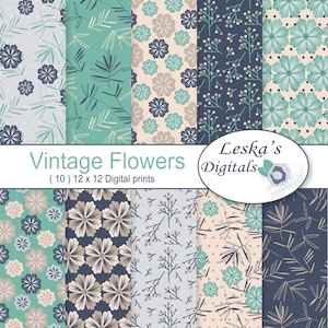 Floral Pattern Digital Papers, Scrapbook paper pack of antique flowers, hand drawn flower background, floral patterns in blue & green