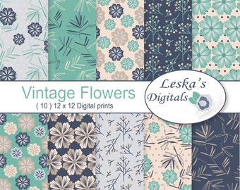 Floral Pattern Digital Papers, Scrapbook paper pack of antique flowers, hand drawn flower background, floral patterns in blue & green