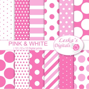 Puede incluir: Un conjunto de 12 papeles digitales imprimibles en rosa y blanco con patrones de lunares, rayas y sólidos. Los papeles miden 30,5 cm por 30,5 cm. El texto "Pink & White (12) 12 x 12 Digital prints" y "Leska's Digitals" está incluido en la imagen.