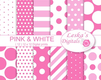 PINK DIGITAL BACKGROUND, pink and white digital paper polka dots and stripes, pink digital paper instant download commercial use ok