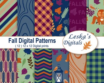 Fall Scrapbooking Paper, "FALL DIGITAL PAPER" Digital Scrapbook Paper in autumn colors, plaid, fox, wood grain, leaves, chevron and stripes