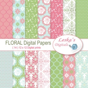 Floral digital paper pack,&quot;digital paper&quot; floral scrapbook paper patterns, shabby chic digital paper, cottage chic scrapbook