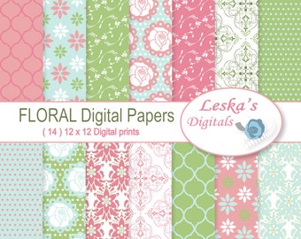Floral digital paper pack,"digital paper" floral scrapbook paper patterns, shabby chic digital paper, cottage chic scrapbook