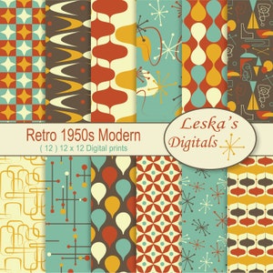 Retro Digital Paper, 1950's mid century modern, 50s Patterns, Digital Scrapbook Paper, Backgrounds, Retro Digital Downloads, uso comercial