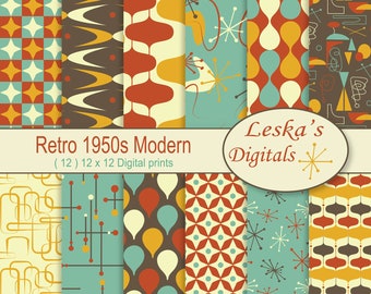 Retro Digital Paper, 1950's mid century modern, 50s Patterns, Digital Scrapbook Paper, Backgrounds, Retro Digital Downloads, commercial use