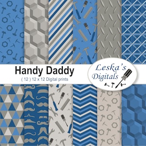 Könnte beinhalten: Zwölf digitale Drucke im Format 30,5 cm x 30,5 cm mit verschiedenen blauen und grauen Mustern mit Werkzeugen, Schnurrbärten und geometrischen Formen. Der Text "Handy Daddy" und "Leska's Digitals" ist im Bild enthalten.