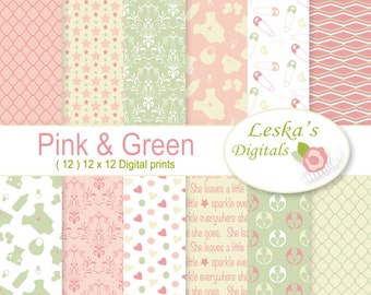 Baby girl digital paper: baby girl digital, pastel pink, pastel green, pink green, nursery patterns, baby girl nursery, girl digital paper