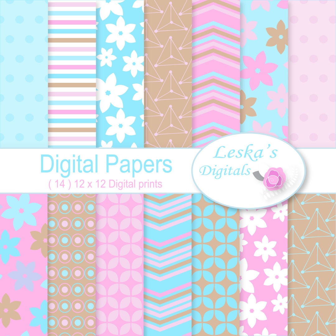 Pink and Blue Digital Paper - Scrapbook Paper in Pink and Blue ...