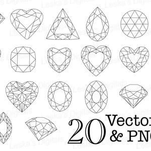 May include: A set of 20 black and white vector illustrations of different diamond shapes. The shapes include hearts, ovals, circles, and triangles.