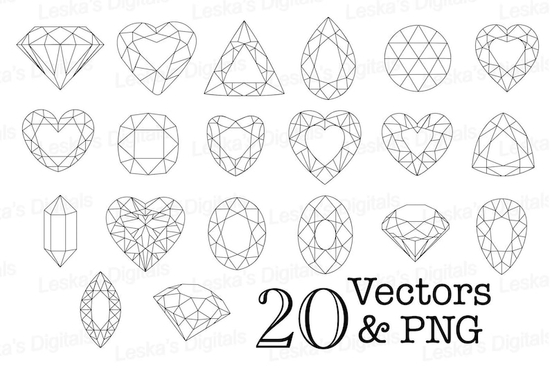 May include: A set of 20 black and white vector illustrations of different diamond shapes. The shapes include hearts, ovals, circles, and triangles.