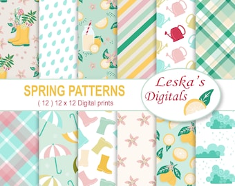 Spring Showers Digital Scrapbook Paper Patterns Lemonade, Rain Boots, Umbrella, Watering Can, Spring Printable and Plaid Digital Papers