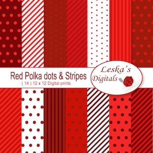 Red Digital Paper, Red Polka Dots & Stripes Scrapbook Paper, Red Background, Red Dots, Red Stripes, Red Patterned Paper, Red Scrapbook Paper