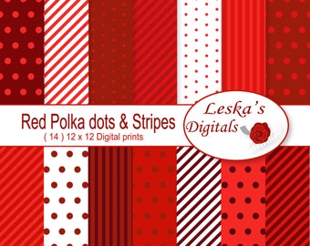 Red Digital Paper, Red Polka Dots & Stripes Scrapbook Paper, Red Background, Red Dots, Red Stripes, Red Patterned Paper, Red Scrapbook Paper