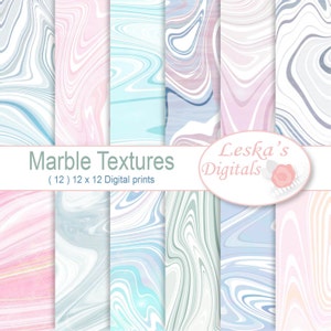 K&ouml;nnte beinhalten: Set mit 12 digitalen Marmortextur-Drucken in Pastellrosa, Blau und Gr&uuml;n. Jeder Druck ist 30,5 cm x 30,5 cm gro&szlig;. Der Text "Marble Textures (12) 12 x 12 Digital prints" und "Leska's Digitals" ist im Bild enthalten.