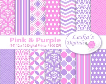 Pink and Purple Birthday Digital Paper, kids scrapbook, Pink & Purple backgrounds in chevron stripe polkadots damask and diamond pattern